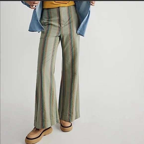Free People Pants - EUC Free People Star of Wonder Striped Wide Leg Pants Flare Boho Green Women's 0